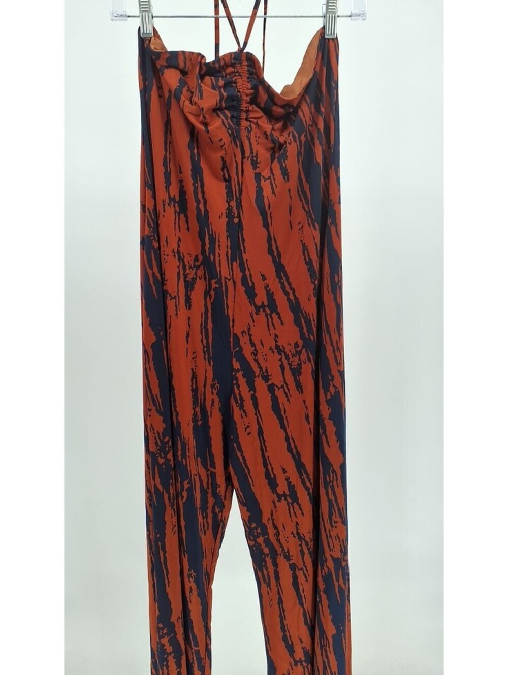 Fashion Nova Spicy Strapless Jumpsuit Rust Orange Navy Abstract Wide Leg -XL